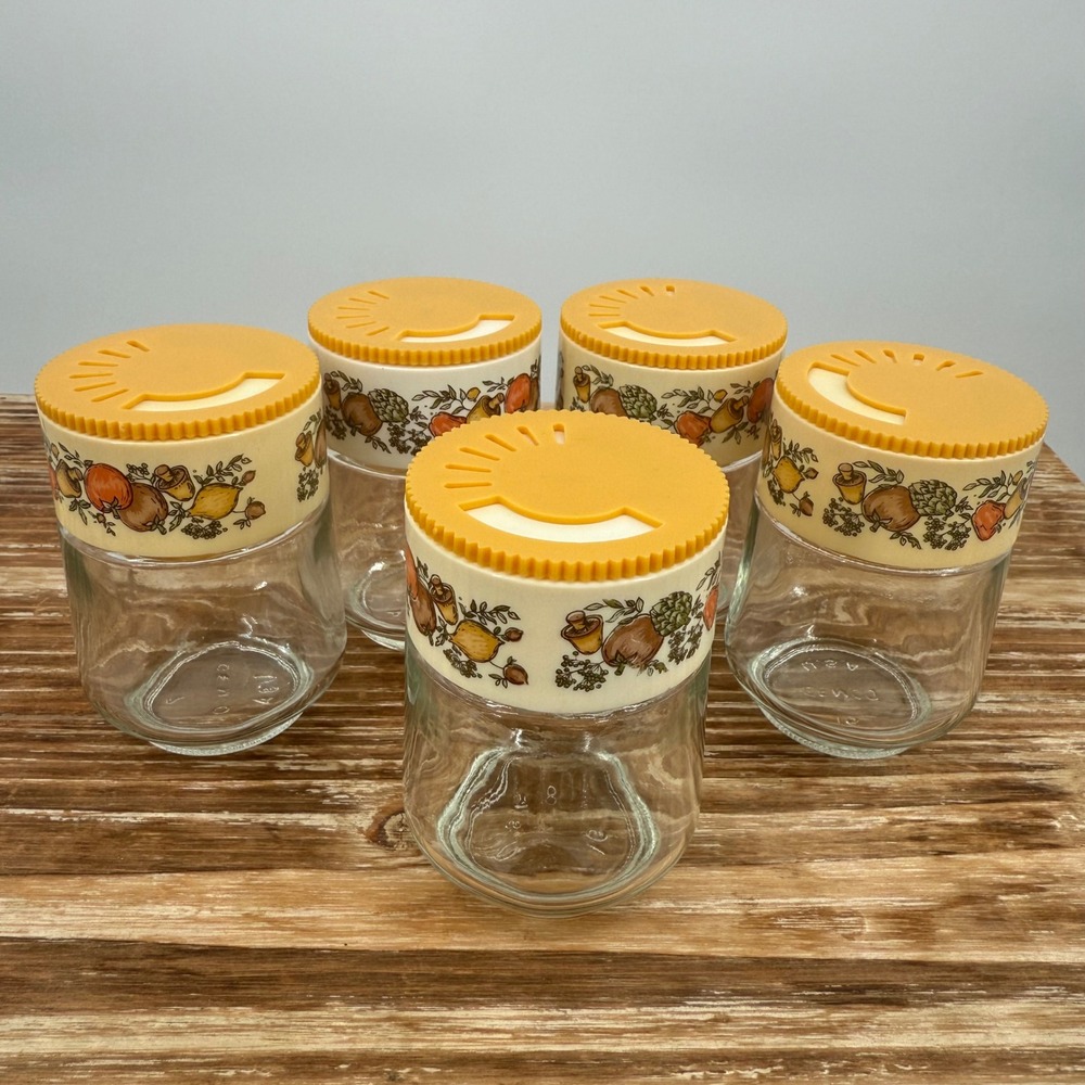 Spice Of Life Set 5 Gemco Corning Glass Jars Spice Shakers Veggies Mushroom Vtg - Picture 3 of 10